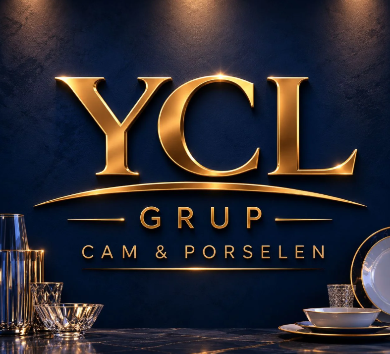 YCL Grup altın tonlu logosu, kristal bardaklar ve yaldızlı porselenler